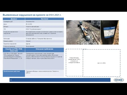 Выявленные нарушения на проекте за 09.11.2021 г. До 11.11.2021 Предусмотреть размещение ГСМ в специально отведенном месте