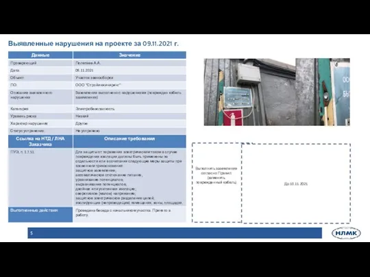 Выявленные нарушения на проекте за 09.11.2021 г. До 10.11.2021 Выполнить заземление согласно Правил (заменить поврежденный кабель)