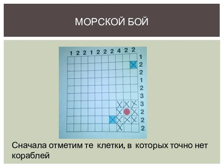 МОРСКОЙ БОЙ Сначала отметим те клетки, в которых точно нет кораблей