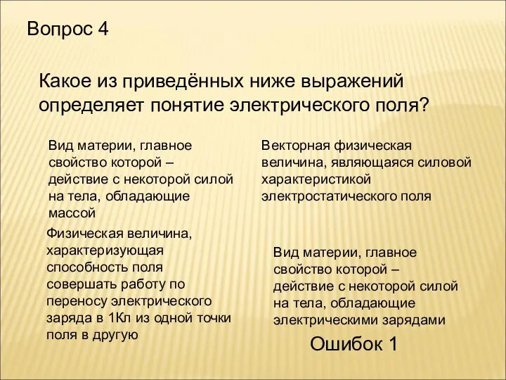 Вопрос 4 Какое из приведённых ниже выражений определяет понятие электрического поля? Вид