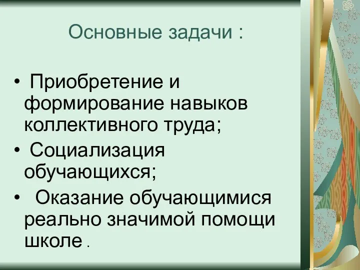 Основные задачи : Приобретение и формирование навыков коллективного труда; Социализация обучающихся; Оказание