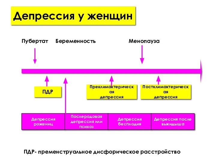 Депрессия у женщин Пубертат Менопауза Беременность ПДР ПДР- пременструальное дисфорическое расстройство Постклимактерическая