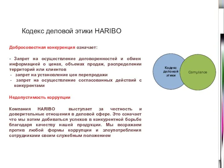 Кодекс деловой этики HARIBO Добросовестная конкуренция означает: - Запрет на осуществление договоренностей