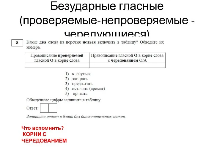 Безударные гласные (проверяемые-непроверяемые - чередующиеся) Что вспомнить? КОРНИ С ЧЕРЕДОВАНИЕМ