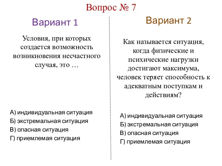 Вариант 1 Вариант 2 Вопрос № 7 Условия, при которых создается возможность