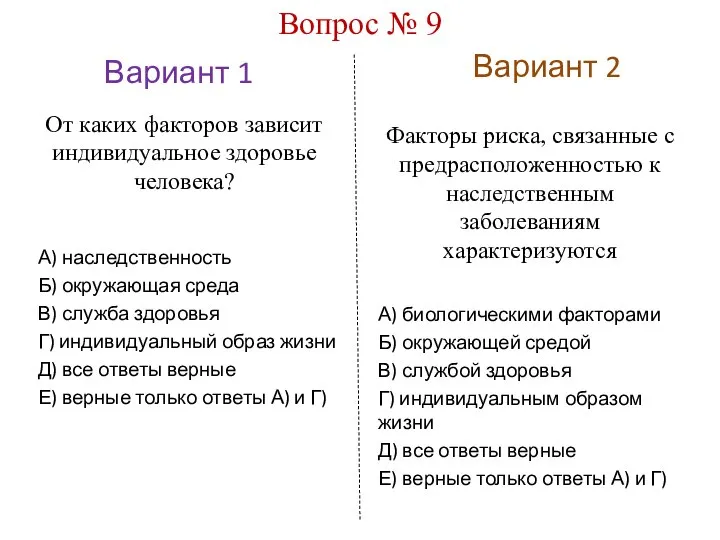 Вариант 1 Вариант 2 Вопрос № 9 От каких факторов зависит индивидуальное