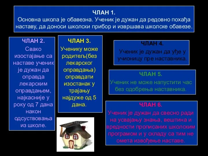 ЧЛАН 1. Основна школа је обавезна. Ученик је дужан да редовно похађа