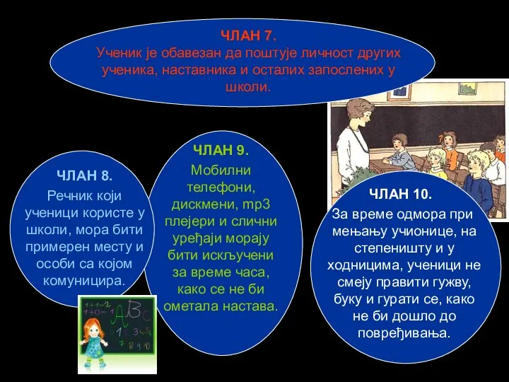 ЧЛАН 7. Ученик је обавезан да поштује личност других ученика, наставника и