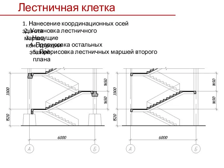 Лестничная клетка 1. Нанесение координационных осей здания 2. Установка лестничного марша 3.