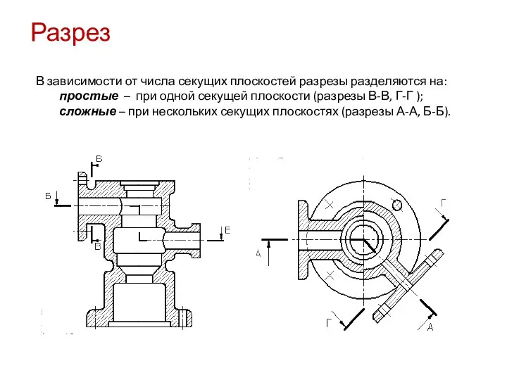 В зависимости от числа секущих плоскостей разрезы разделяются на: простые – при