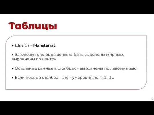 Таблицы ▶ Шрифт – Monsterrat. ▶ Заголовки столбцов должны быть выделены жирным,