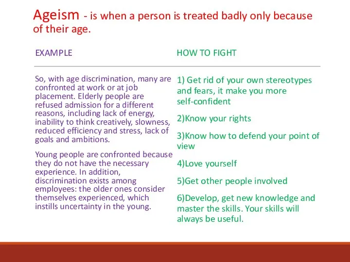 Ageism - is when a person is treated badly only because of