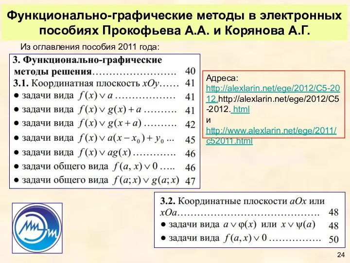 Функционально-графические методы в электронных пособиях Прокофьева А.А. и Корянова А.Г. Адреса: http://alexlarin.net/ege/2012/C5-2012.http://alexlarin.net/ege/2012/C5-2012.