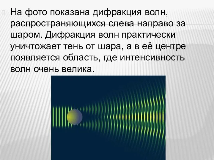 На фото показана дифракция волн, распространяющихся слева направо за шаром. Дифракция волн