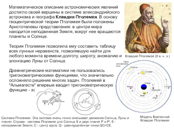 Математическое описание астрономических явлений достигло своей вершины в системе александрийского астронома и
