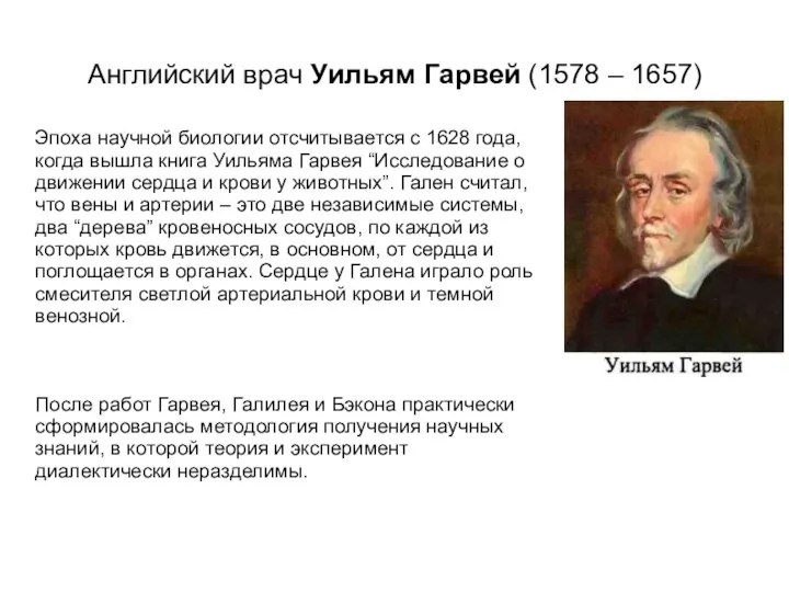 Английский врач Уильям Гарвей (1578 – 1657) Эпоха научной биологии отсчитывается с