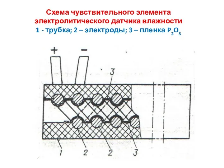 Схема чувствительного элемента электролитического датчика влажности 1 - трубка; 2 – электроды; 3 – пленка P2O5