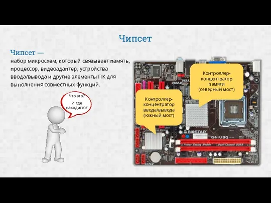 Чипсет набор микросхем, который связывает память, процессор, видеоадаптер, устройства ввода/вывода и другие