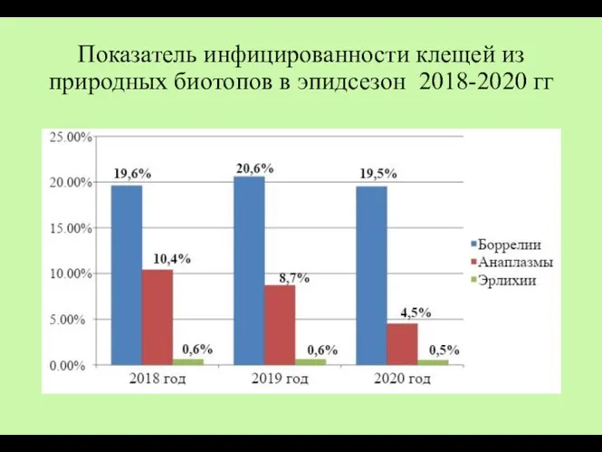 Показатель инфицированности клещей из природных биотопов в эпидсезон 2018-2020 гг