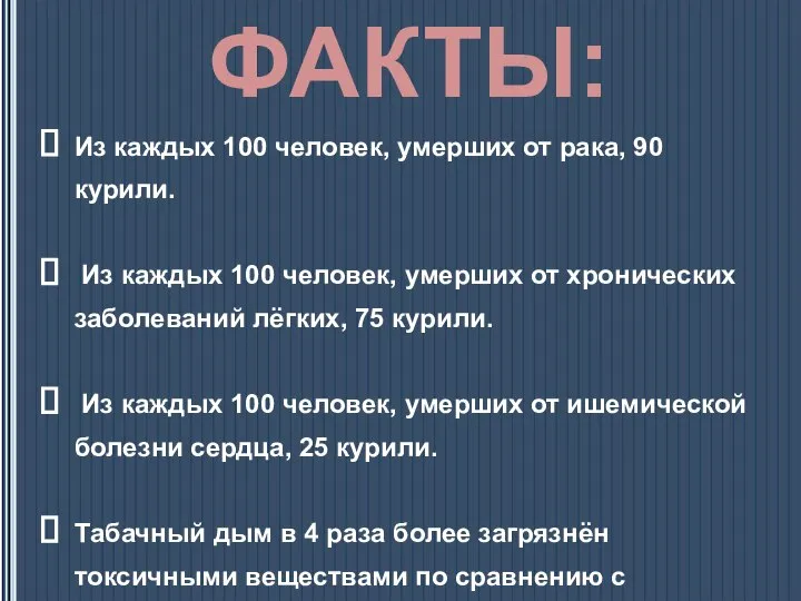 ФАКТЫ: Из каждых 100 человек, умерших от рака, 90 курили. Из каждых