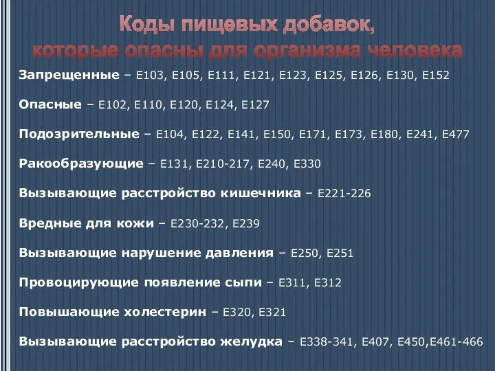 Коды пищевых добавок, которые опасны для организма человека Запрещенные – Е103, Е105,