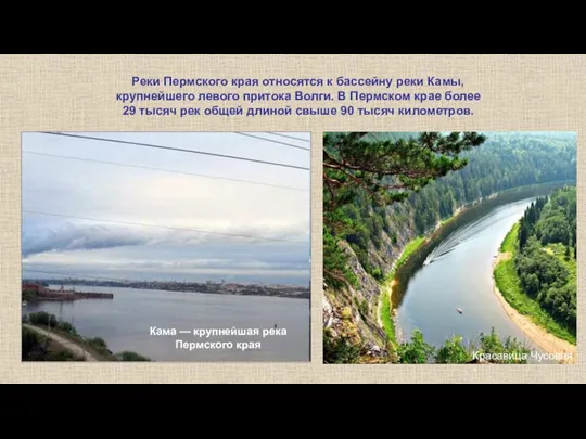 Реки Пермского края относятся к бассейну реки Камы, крупнейшего левого притока Волги.