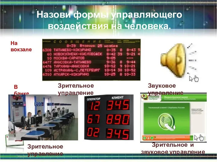 Назови формы управляющего воздействия на человека. На вокзале В банке Зрительное управление