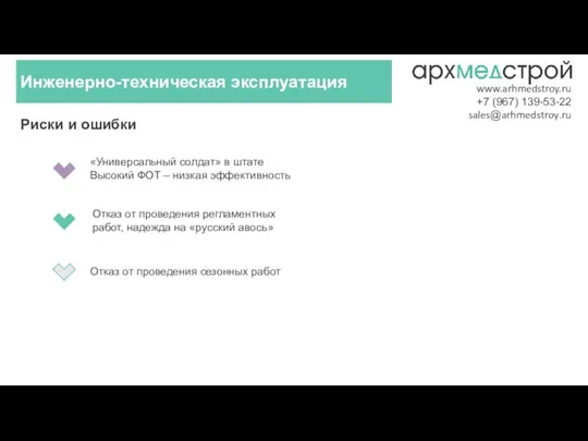 Инженерно-техническая эксплуатация www.arhmedstroy.ru +7 (967) 139-53-22 sales@arhmedstroy.ru Риски и ошибки «Универсальный солдат»