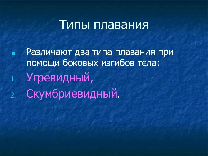 Типы плавания Различают два типа плавания при помощи боковых изгибов тела: Угревидный, Скумбриевидный.