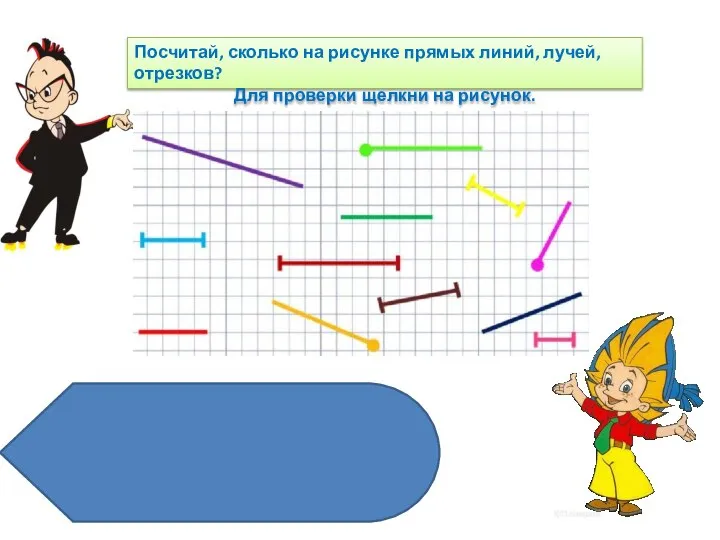 Посчитай, сколько на рисунке прямых линий, лучей, отрезков? Для проверки щелкни на рисунок. 5 3 4