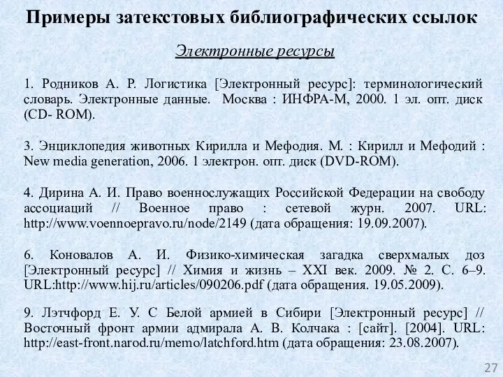 Примеры затекстовых библиографических ссылок Электронные ресурсы 1. Родников А. Р. Логистика [Электронный