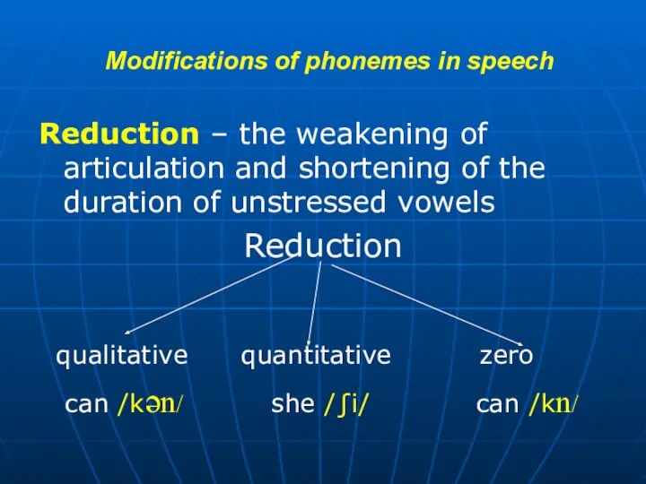 Modifications of phonemes in speech Reduction – the weakening of articulation and