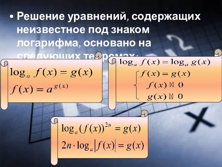 Решение уравнений, содержащих неизвестное под знаком логарифма, основано на следующих теоремах: