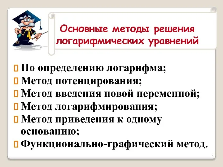 Основные методы решения логарифмических уравнений По определению логарифма; Метод потенцирования; Метод введения