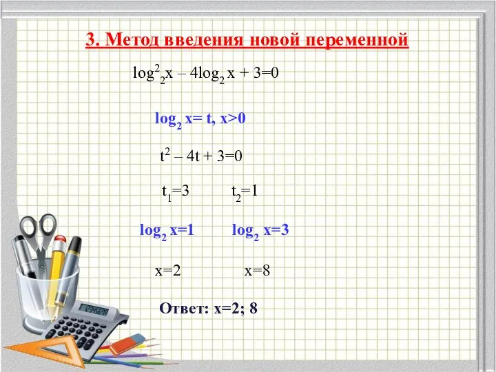 1 3. Метод введения новой переменной log22x – 4log2 x + 3=0