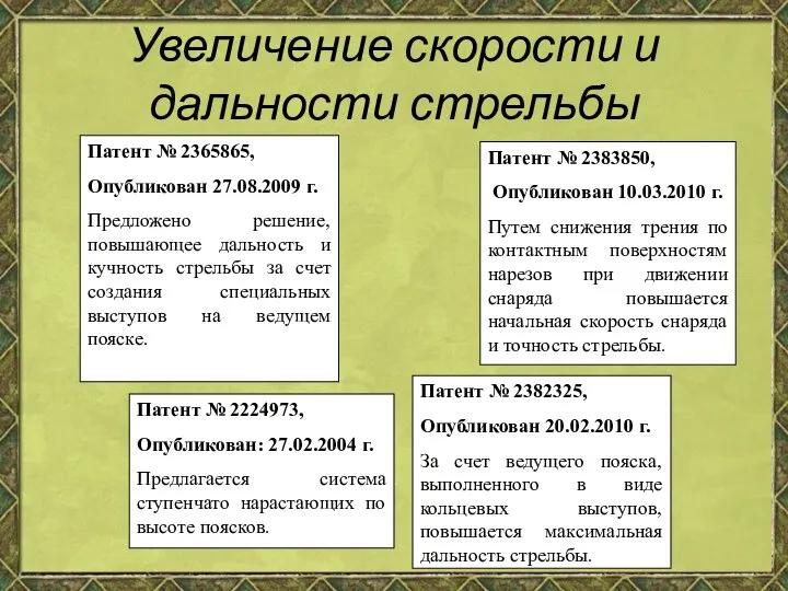 Увеличение скорости и дальности стрельбы Патент № 2224973, Опубликован: 27.02.2004 г. Предлагается