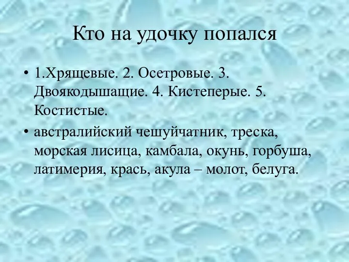 Кто на удочку попался 1.Хрящевые. 2. Осетровые. 3. Двоякодышащие. 4. Кистеперые. 5.