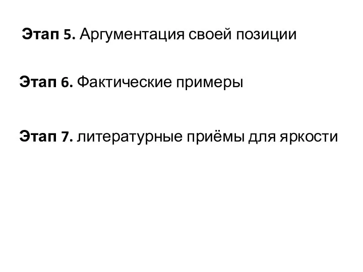 Этап 5. Аргументация своей позиции Этап 6. Фактические примеры Этап 7. литературные приёмы для яркости