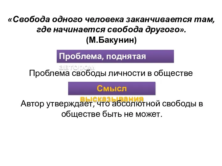 «Свобода одного человека заканчивается там, где начинается свобода другого». (М.Бакунин) Проблема, поднятая