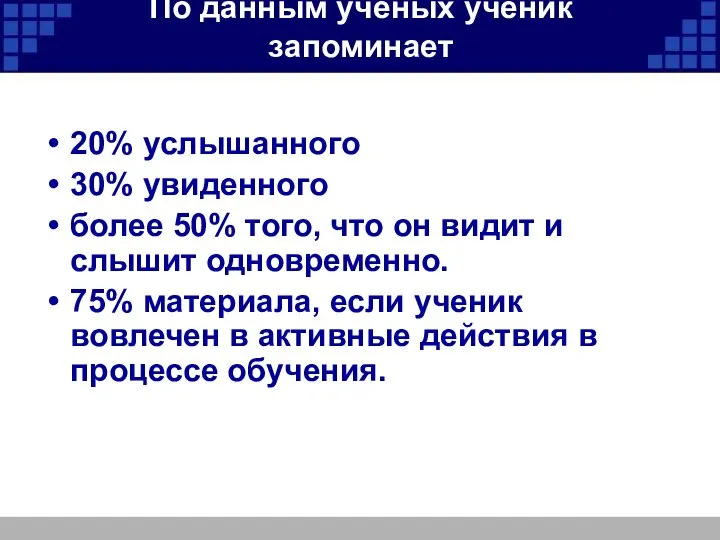 По данным учёных ученик запоминает 20% услышанного 30% увиденного более 50% того,