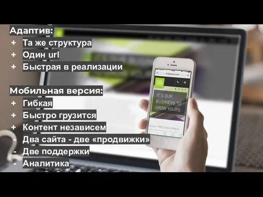 Адаптив: Та же структура Один url Быстрая в реализации Мобильная версия: Гибкая