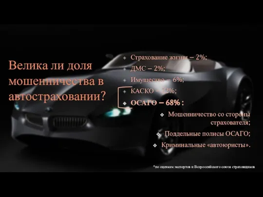 Велика ли доля мошенничества в автостраховании? Страхование жизни – 2%; ДМС –