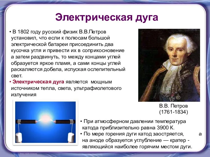 Электрическая дуга В 1802 году русский физик В.В.Петров установил, что если к