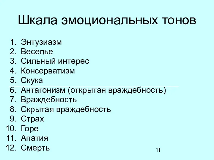 Шкала эмоциональных тонов Энтузиазм Веселье Сильный интерес Консерватизм Скука Антагонизм (открытая враждебность)