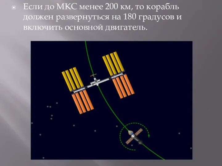 Если до МКС менее 200 км, то корабль должен развернуться на 180