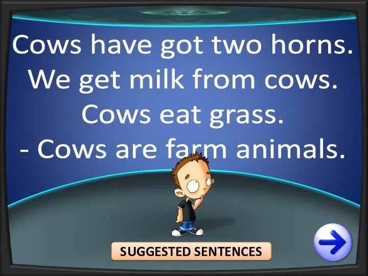 Cows have got two horns. We get milk from cows. Cows eat