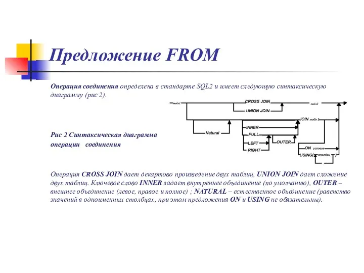 Предложение FROM Операция соединения определена в стандарте SQL2 и имеет следующую синтаксическую