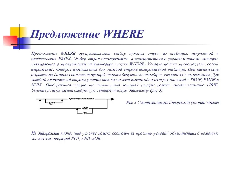 Предложение WHERE Предложение WHERE осуществляется отбор нужных строк из таблицы, получаемой в