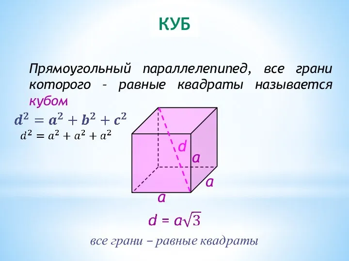 КУБ Прямоугольный параллелепипед, все грани которого – равные квадраты называется кубом все