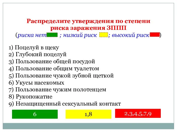 Распределите утверждения по степени риска заражения ЗППП (риска нет ; низкий риск